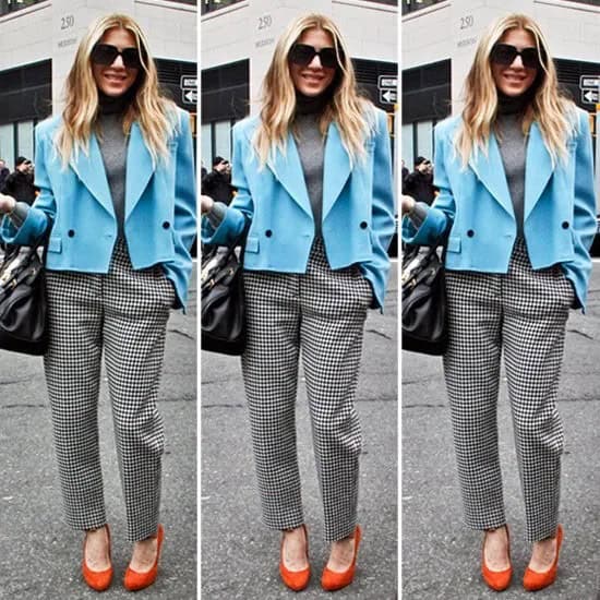 Short Blazer with Checkered Straight Leg Pants