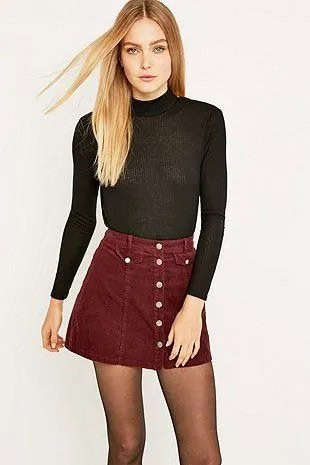 Black Mock Neck Sweater with Maroon Button Front Mini Skater Skirt