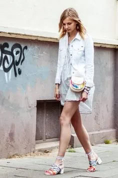 Light Blue Denim Jacket with Grey Mini Chiffon Dress