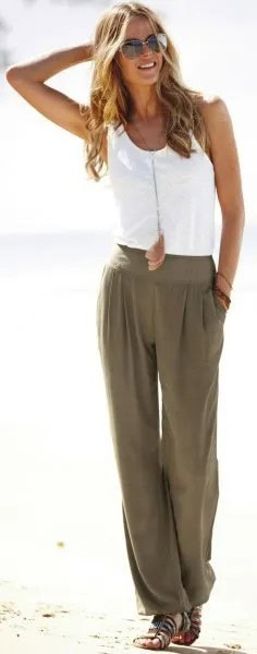 White Vest Top with Green Wide Leg Beach Pants