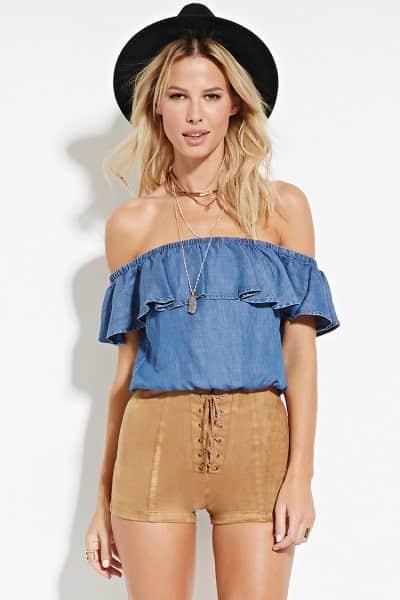 Green Suede Shorts with Blue Chambray Off The Shoulder Blouse