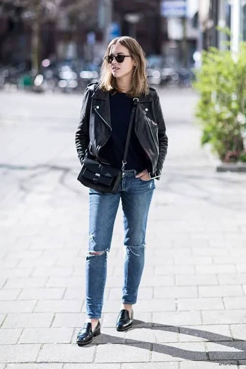 Black Leather Moto Jacket & Jeans