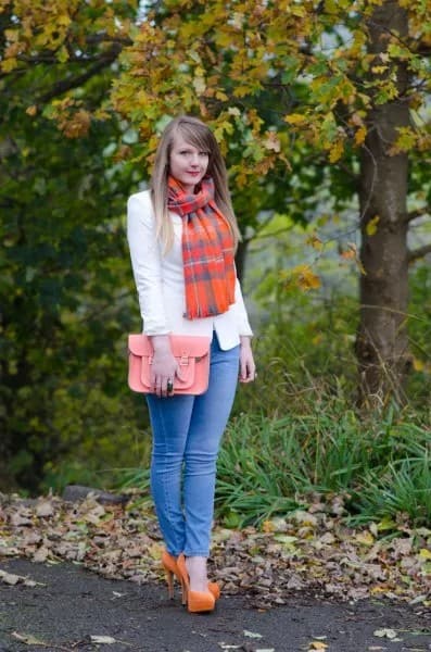 White Blazer with Blue Skinny Jeans & Orange Plaid Scarf