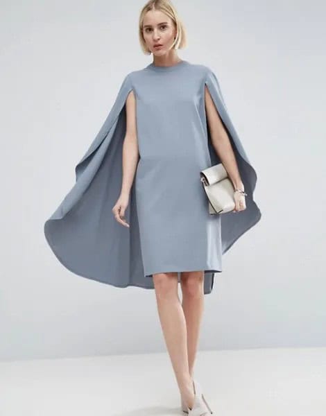 Grey Mock Neck Cape Midi Dress with White Heels