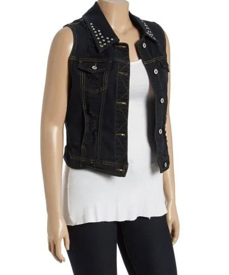 Studded Collar Black Fitted Denim Vest with White Tunic Tank Top