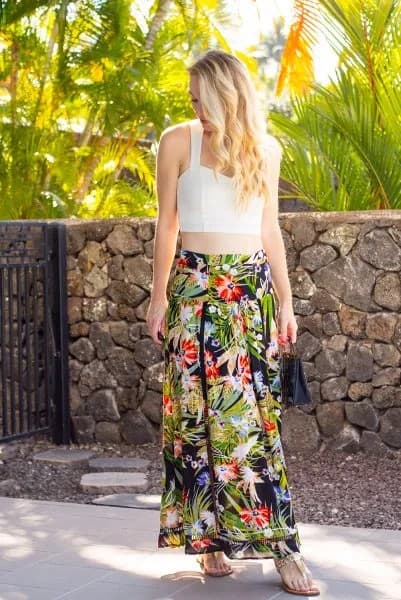 White Cropped Form Fitting Top with Floral Printed Maxi Chiffon Skirt