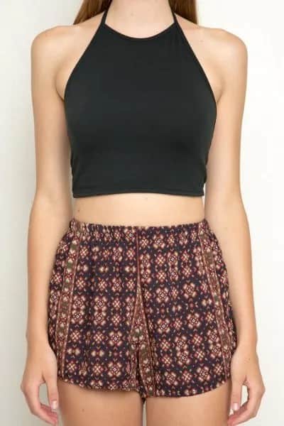 Cropped Black Halter Top with Tribal Printed Beach Shorts