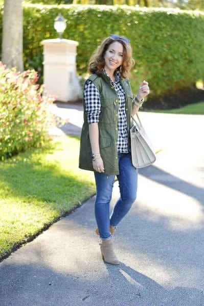 Olive Green Utility Vest with Black and White Checker Boyfriend Shirt