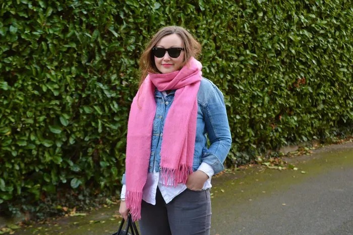 Blue Denim Jacket with White Button Up Shirt & Shocking Pink Scarf