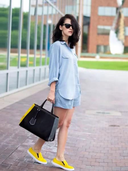 Light Blue Cotton Button Up Shirt with Matching Flowy Shorts & Yellow Shoes