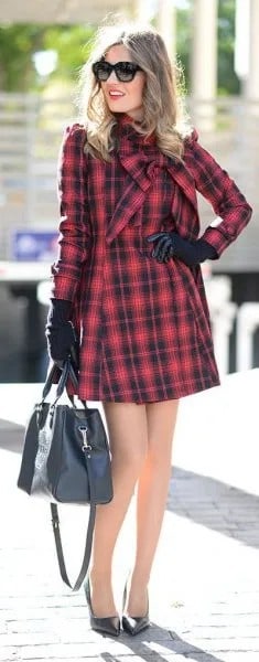 Black and Red Long Sleeve Wrap Mini Dress