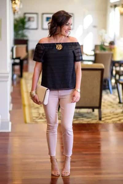 Black Off The Shoulder Top with Pale Pink Jeans