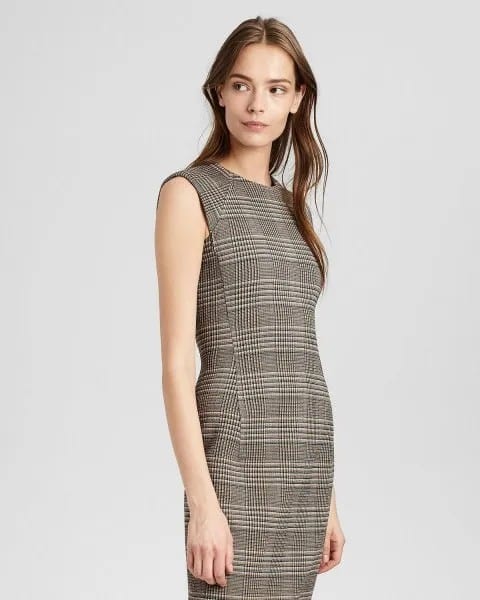 Grey Wool Plaid Sheath Midi Dress