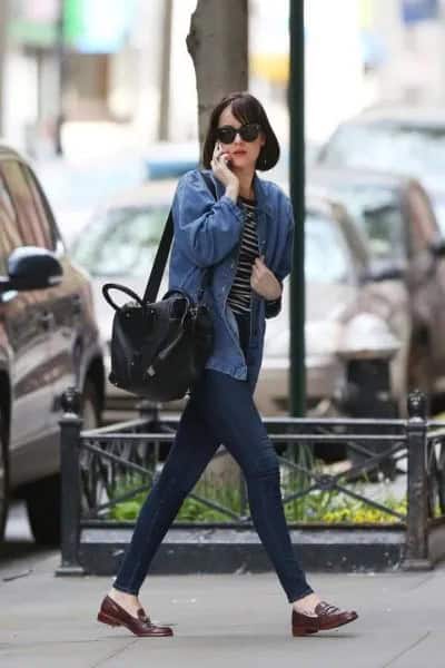 Blue Denim Jacket with Striped Tee & Loafers