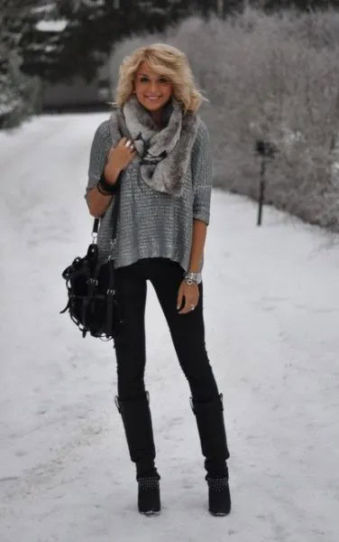 Silver Three Quarter Sleeve Blouse with Black Knee High Boots