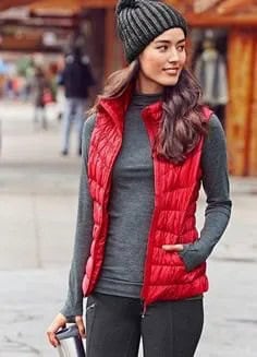 Red Nylon Vest with Grey Knit Hat & Grey Sweater