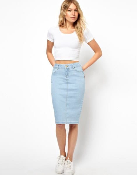 Light Blue Skirt with White Form Fitting Cropped T Shirt