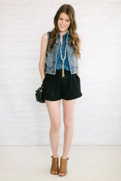 Denim Vest with Black Flowy Jean Shorts & Open Toe Boots