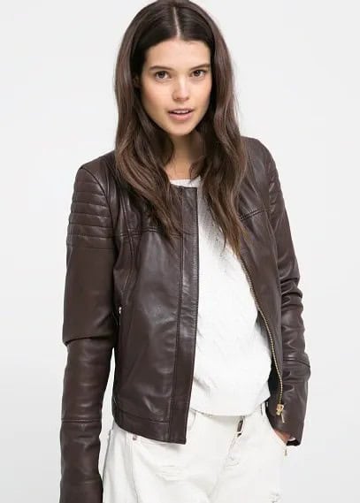 Dark Brown Leather Bomber Jacket with White Wide Leg Jeans