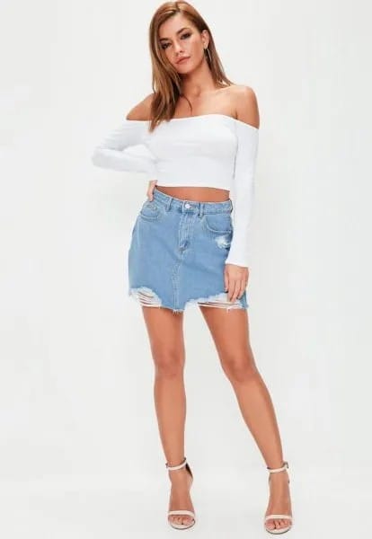 White Off The Shoulder Long Sleeve Cropped Top with Mini Denim Skirt