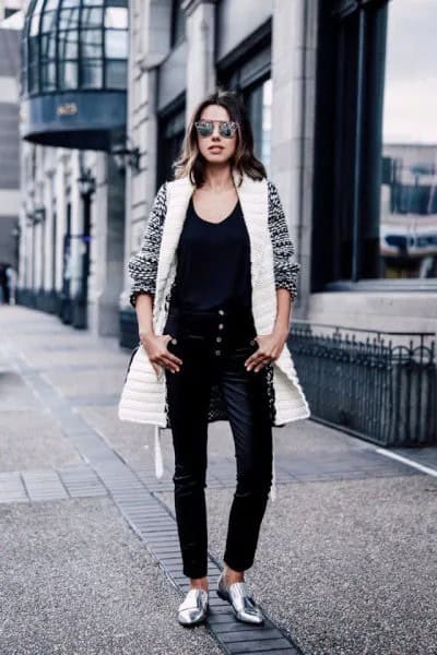 Black and White Tribal Printed Longline Cardigan with Dark Velvet Pants