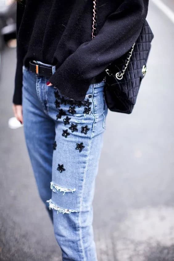 Embroidered Jeans and Navy-Blue Sweater