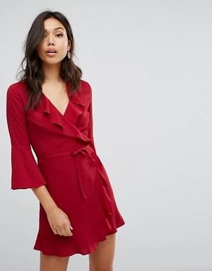 Red Bell Sleeve and Ruffle Collar Wrap Dress