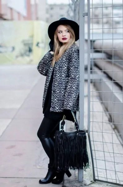 Leopard Print Coat with Black Knee High Boots & Fringe Bag