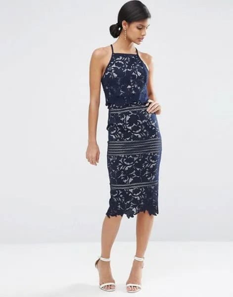 Navy Halter Neck Sheath Midi Dress