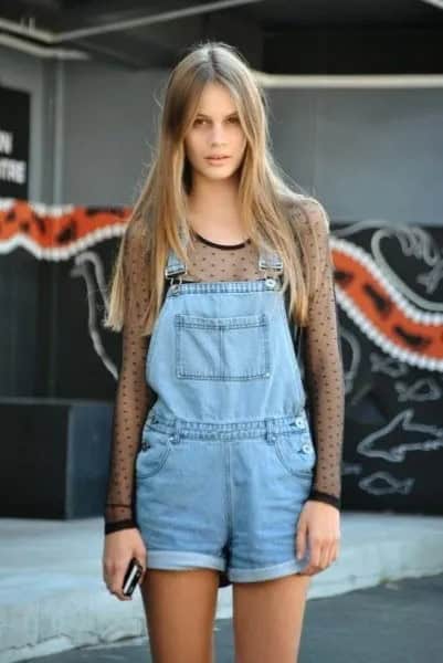 Blue Denim Overall Shorts with Black Semi-Sheer Mesh Top