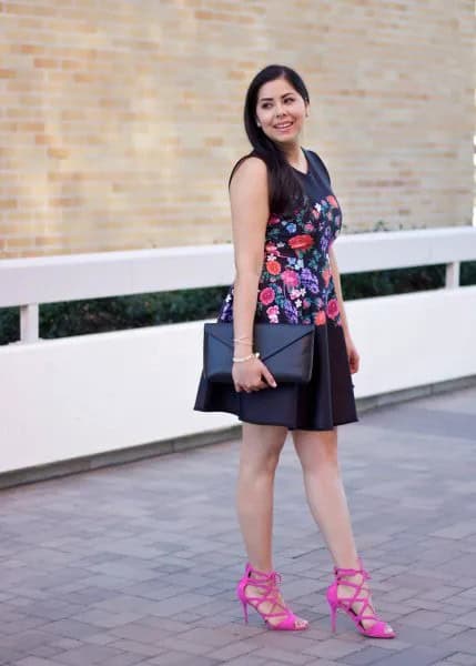 Black Sleeveless Floral Embroidered Mini Swing Dress with Hot Pink Strappy Heels