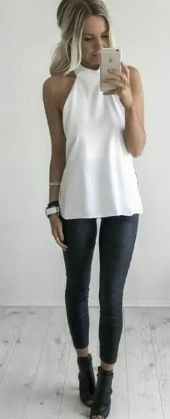 White Halter Top with Black Leggings