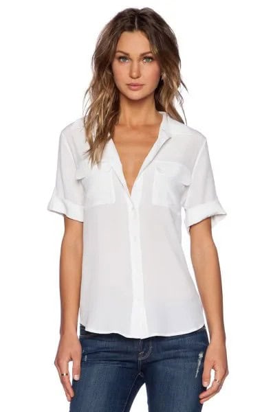 White Cuffed Short Sleeve Button Up Chiffon Shirt with Dark Skinny Jeans