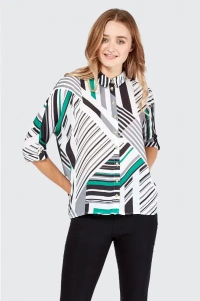 White and Black Batwing Shirt with Randomly Spaced Stripes