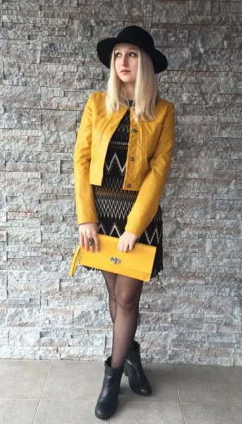 Yellow Leather Jacket with Black Tribal Printed Shift Dress