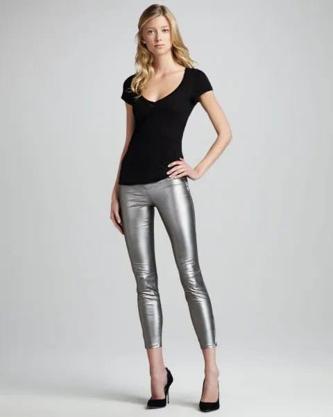 Black Scoop Neck Tee with Silver Cropped Leggings