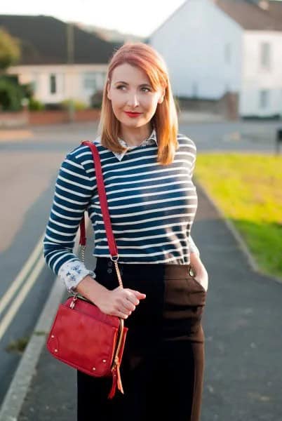 Navy and White Striped Tee with White Collar Shirt