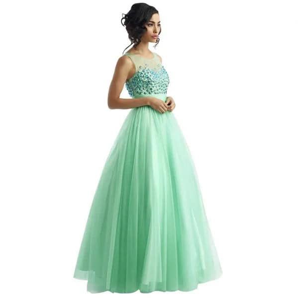 Semi-Sheer Fit and Flare Mint Green Floor Length Prom Dress