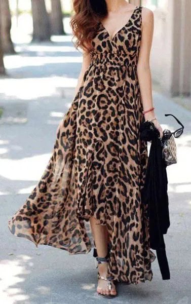 Leopard Print Deep V Neck Maxi Flared Dress