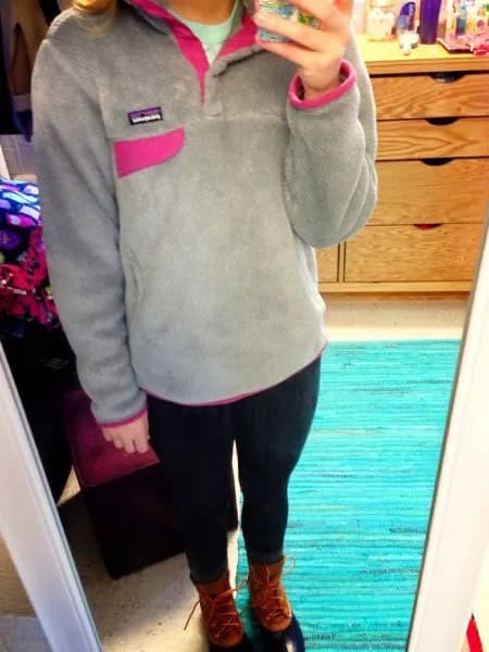 Grey Fleece Sweater with Black Jeans & Boots