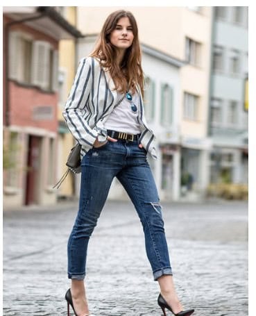 Grey and White Vertical Striped Blazer with White Tee & Cuffed Jeans