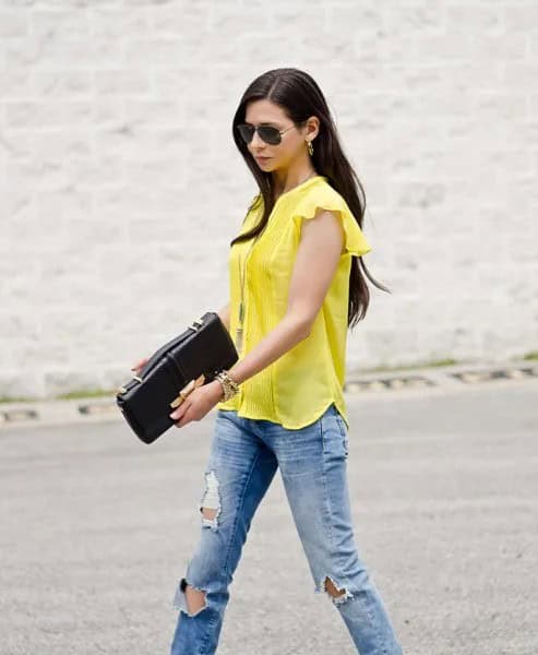 Yellow Cap Sleeve Blouse with Blue Boyfriend Jeans