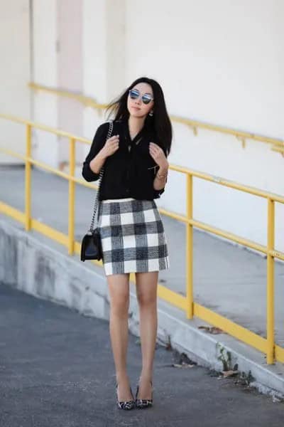 Button Up Blouse with Black Mini Plaid Skirt