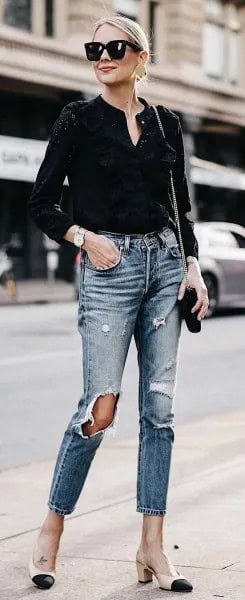 Black Mini V Neck Blouse with Ripped Slim Fit Ankle Jeans