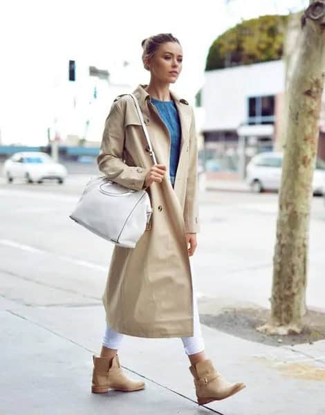 Maxi Beige Trench Coat with Chambray Blouse