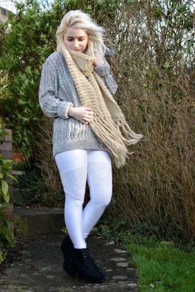 Grey Chunky Cable Knit Sweater with Blush Fringe Scarf