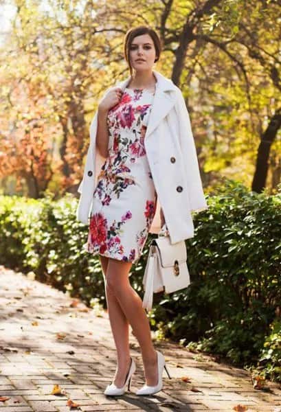 White Floral Bodycon Dress with White Wool Coat