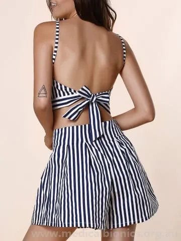 Black and White Striped Open Back Spaghetti Strap Top with Matching Flowy Shorts