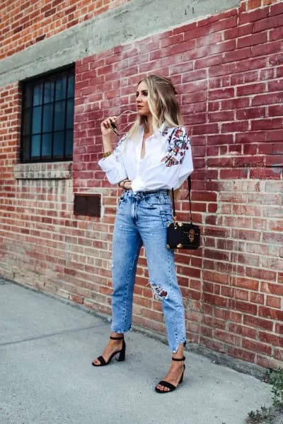 White Embroidered Button Up Blouse with Boyfriend Jeans