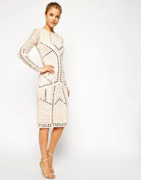 White Embellished Sheath Knee Length Dress